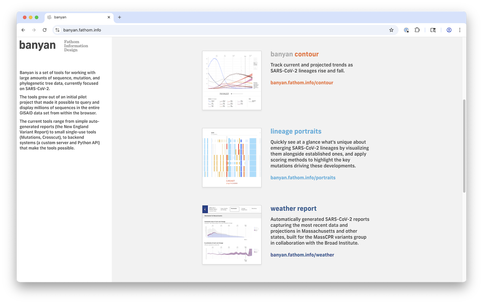 Screenshot of the Banyan home page, showing links to multiple tools
